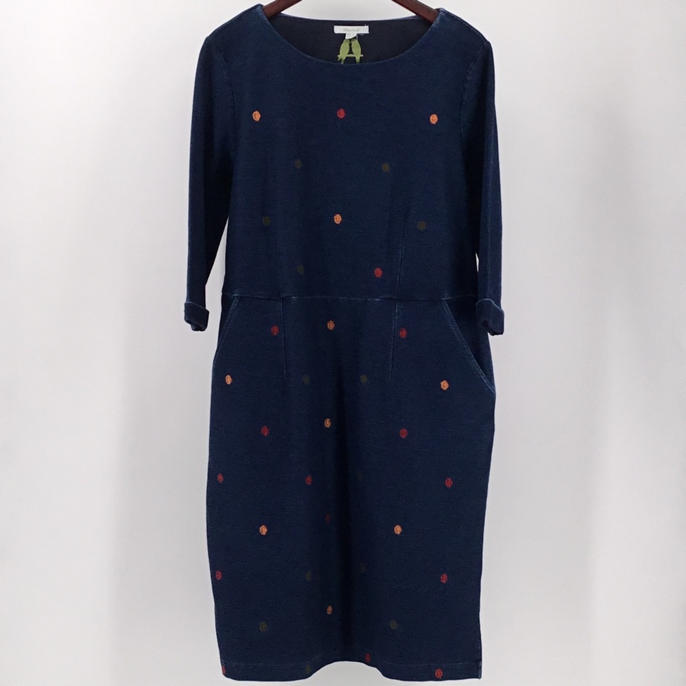 White Stuff 3/4 Sleeve Stretchy Denim Polka Dot Dress